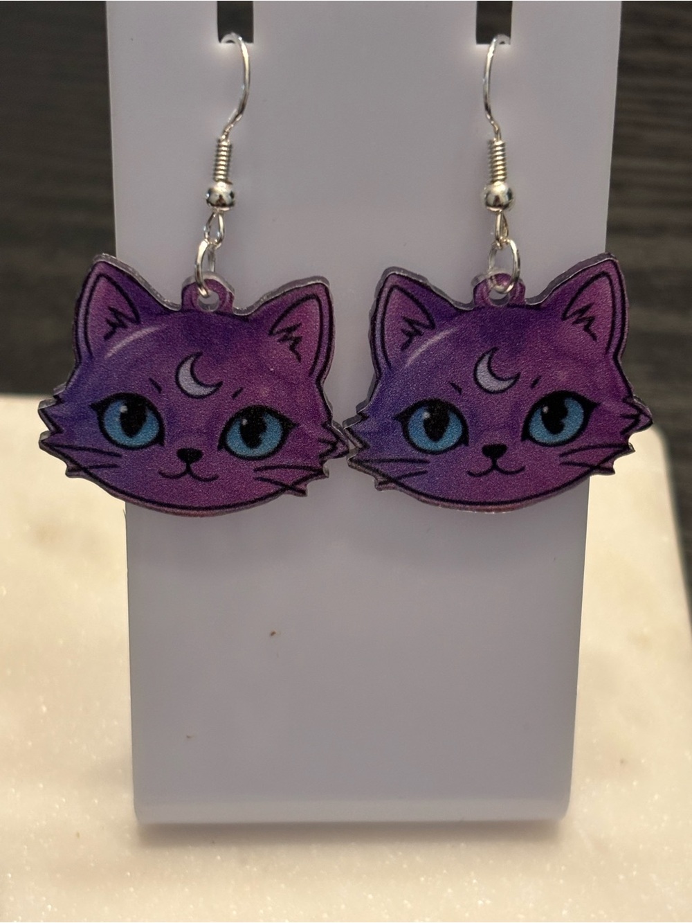 Purple Moon Cat Acrylic Dangle Earrings, Silver Hook, New, Celestial